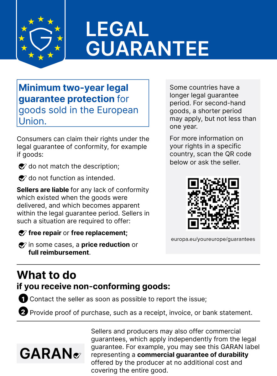 Kennisgeving wettelijke garantie van de Europese Unie. Minimaal twee jaar wettelijke garantie op goederen die in de Europese Unie worden verkocht. Bij een product dat niet overeenkomt met de beschrijving of niet werkt zoals bedoeld, heeft u recht op gratis reparatie of vervanging, in sommige gevallen prijsvermindering of volledige terugbetaling. Neem zo snel mogelijk contact op met de verkoper en overleg uw aankoopbewijs. Meer informatie: europa.eu/youreurope/guarantees.